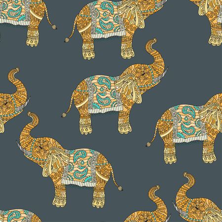 Seamless pattern with hand-drawn tribal styled elephant. Vector ethnic background, zentangleのイラスト素材