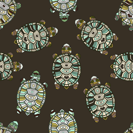 Seamless vector pattern with turtles. Hand painted tribal styled tortoises.のイラスト素材