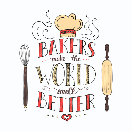 Unique lettering poster with a phrase - BARERS MAKE THE WORLD SMELL BETTER. Trendy handwritten illustration for t-shirt design, notebook cover, poster for bakery shop and cafe.のイラスト素材