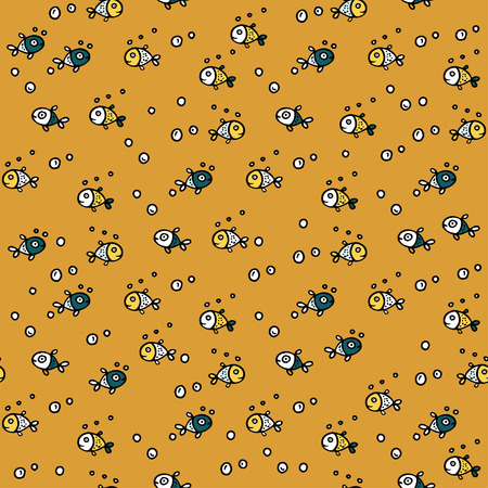 Vector sea seamless pattern with handdrawn doodle fishes. Color cartoon illustration.のイラスト素材