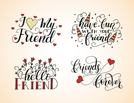 Vector lettering set for friendship day. Handdrawn unique calligraphy for greeting cards.のイラスト素材