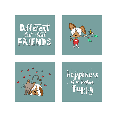 Collection of illustrations with cute dogs and handdrawn lettering quotes.のイラスト素材