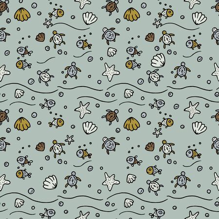Vector sea seamless pattern with handdrawn starfishes, fishes, shells, sea turtles.の写真素材