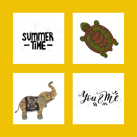 Set of summer tropical postcards with detailed tropical illustrations and handdrawn lettering quotes.のイラスト素材