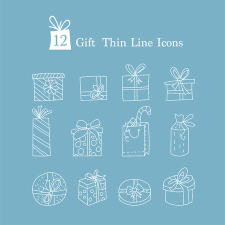 Simple Set of Gifts Vector Thin Line Icons. Gift boxes with ribbons in various shapes.のイラスト素材