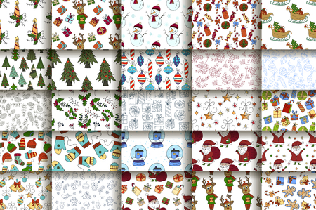 Set of 25 handdrawn Christmas seamless pattern.  Vector holliday winter illustrationsのイラスト素材