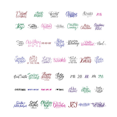 Merry Christmas brush lettering typography. 50 winter vector handdrawn lettering.のイラスト素材