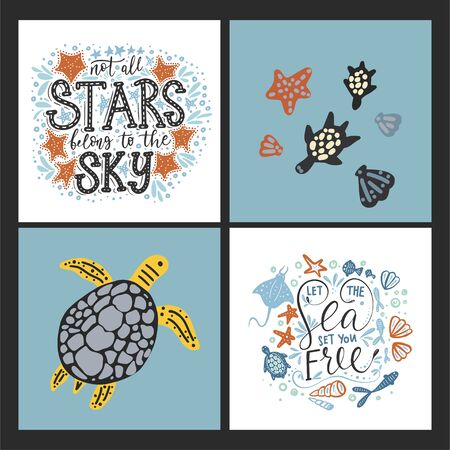 Vector sea cards set with handdrawn sea animals and ornate lettering pieces with a lot of detailed elements. Summer illustrations.のイラスト素材