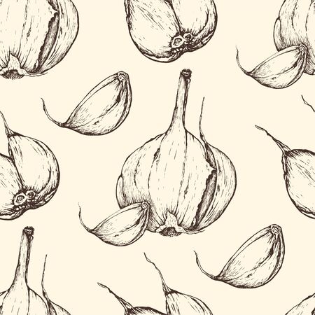 Vector garlic handdrawn seamless pattern in the style of engraving.のイラスト素材