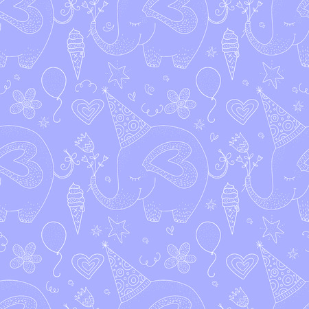Birthday vector seamless pattern with cheerful cute elephant. Outline greeting illustration on a blue background.のイラスト素材