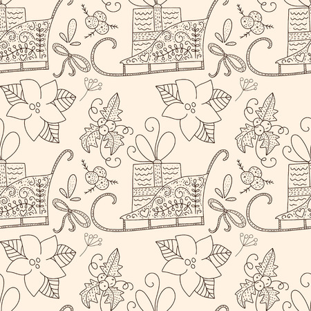 Christmas vector seamless pattern with detailed holiday illustrations. Outline symbols - sleds and poinsettia flowers.のイラスト素材