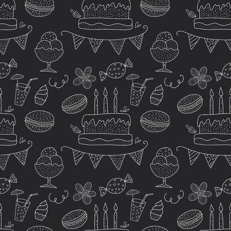 Birthday vector seamless pattern with party sweets. Outline greeting illustration with cakes, candles, macarons and other tasty cookies.のイラスト素材