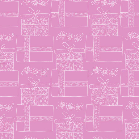 Christmas vector seamless pattern with detailed holiday illustrations. Gift boxes and garlands outline on a pink background.のイラスト素材