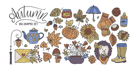 Big autumn icon set. Cozy fall hand drawn vector illustration. Isolated cute sticker fall collection.のイラスト素材