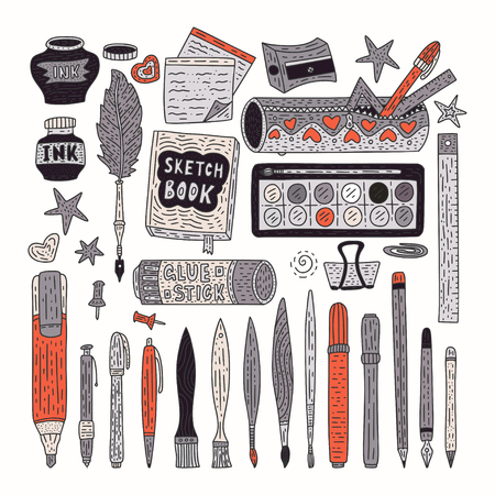 Drawing accessories color vector set. Doodle color drawing supplies for school and office with pen, pencil, ink, paintbrush, sketchbook, and others.のイラスト素材
