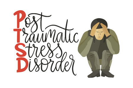 PTSD. Post traumatic stress disorder vector illustration. Mental health consept with soldier in stress and hand drawn lettering quote.のイラスト素材
