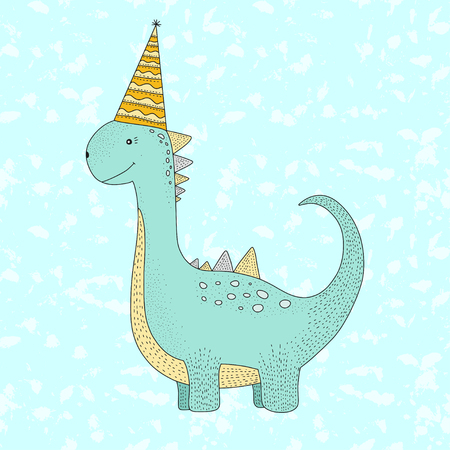 Birthday vector illustration with cartoon cute dino. Birthday greeting card.のイラスト素材