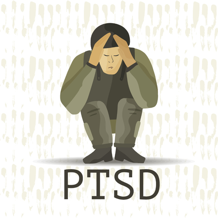 PTSD. Post traumatic stress disorder vector illustration. Mental health consept with soldier in stress.のイラスト素材
