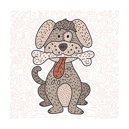 Happy detailed doodle hand drawn dog with a bone and hearts.のイラスト素材