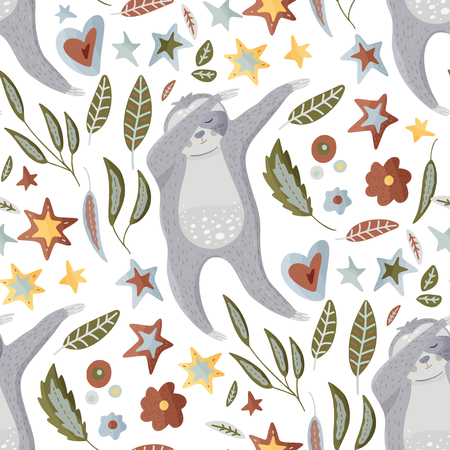 Seamless vector pattern with cute hand drawn sloth dancing dab dance among flowers, stars and leaves on a white background. Vector cool animal illustrations in a flat style with floral elements.のイラスト素材