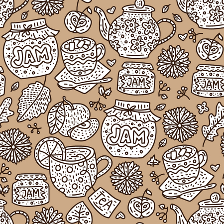 Cozy fall hand drawn vector seamless pattern. Autumn doodle detailed illustration with cans of jam, cocoa with marshmallows and tea.のイラスト素材