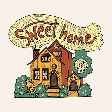 Country doodle detailed cottage with hand drawn lettering - sweet home. House doodle illustration with garden and pets. Inspiration family lettering vector card.のイラスト素材
