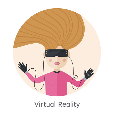 Virtual reality vector card. Girl playing a virtual game. Round cartoon flat illustration.のイラスト素材