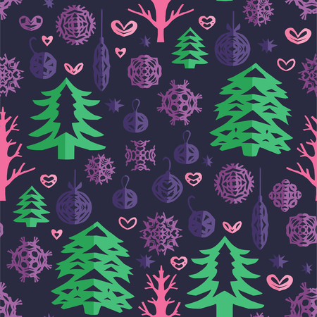 Christmas seamless pattern. Paper craft design, cut out by scissors from paper - snowflakes, fir trees, decoration. Vector craft illustration.のイラスト素材