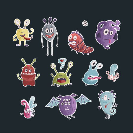 Cute cartoon vector monster icons in a flat style. Handdrawn stickers. Color baby cliparts. Big set of isolated halloween characters.のイラスト素材