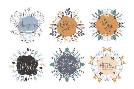Abstract natural floral frames set with place for your text. Hand drawn with brush and ink. Scandinavian style illustration. Vector.のイラスト素材