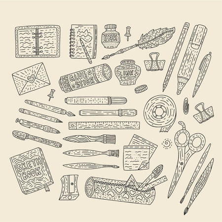 Drawing accessories outline vector set. Doodle color drawing supplies for school and office with pen, pencil, ink, paintbrush, notebook, and others.のイラスト素材