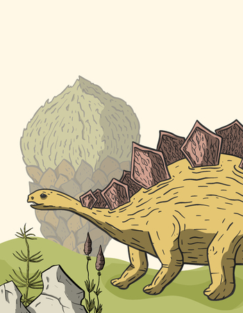 Stegosaurus Dinosaur in its habitat. Jurassic and Cretaceous animal. Prehistoric vector dino card.のイラスト素材