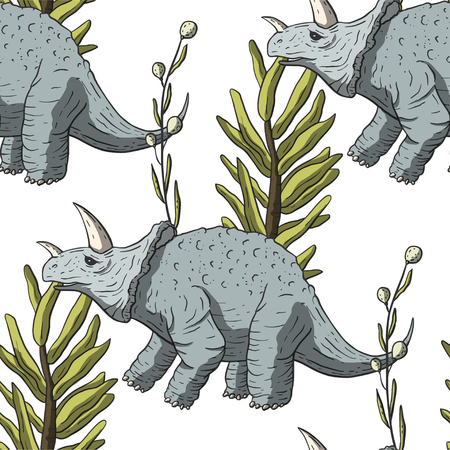 Triceratops Dinosaur Seamless pattern. Jurassic and Cretaceous animal. Prehistoric vector dino.のイラスト素材