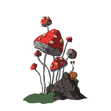 Fantasy mushroom illustration with cartoon 3d fungus. Poisones amanitas. Woodland tales.のイラスト素材