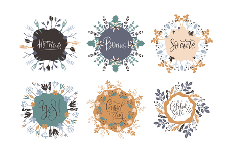 Abstract natural floral frames set with place for your text. Hand drawn with brush and ink. Scandinavian style illustration. Vector.のイラスト素材