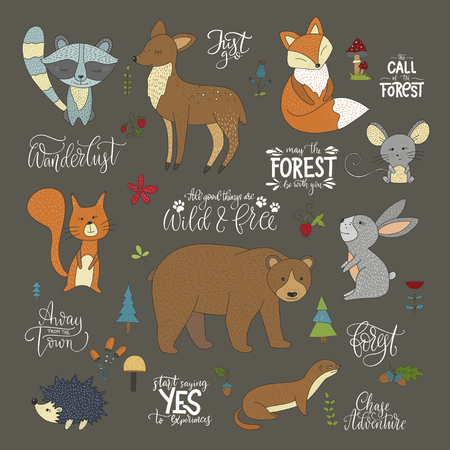 Set of hand drawn cute forest animals and lettering quotes. Vector illustrations with raccoon, squirrel, hare, mouse, bear, fox, deer, hedgehog and weasel on a dark background.のイラスト素材