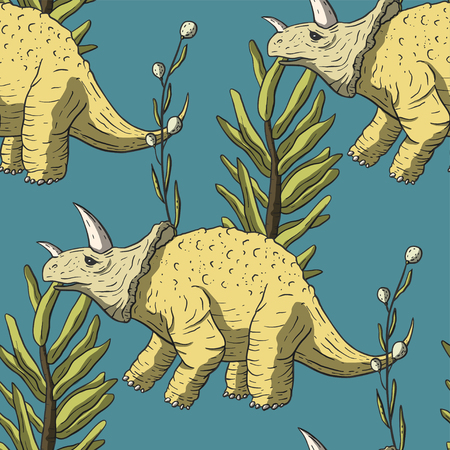 Triceratops Dinosaur Seamless pattern. Jurassic and Cretaceous animal. Prehistoric vector dino.のイラスト素材