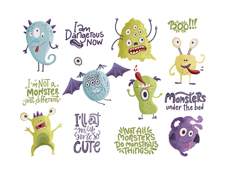 Cute cartoon vector monster icons in a flat style. Handdrawn stickers. Color baby cliparts. Big set of isolated halloween characters.のイラスト素材