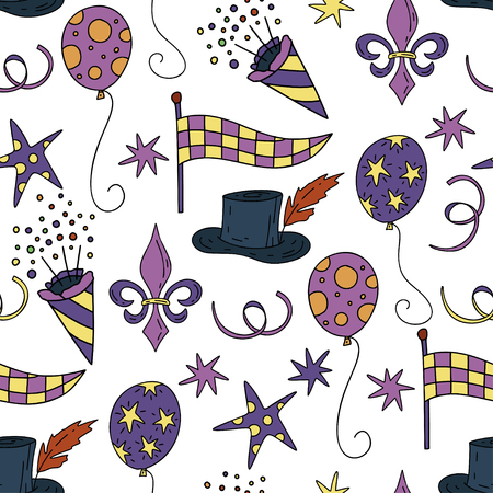 Seamless pattern with masquerade symbols. Mardi gras party vector illustration. Carnival card with doodle illustrations. のイラスト素材