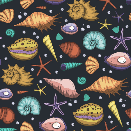 Sea seamless vector pattern. Ocean tropicar exotic illustration with sea shells and sea stars in different shapes and colors. Hand drawn summer marine graphic.のイラスト素材