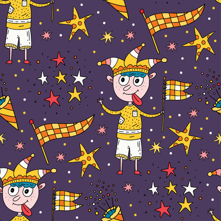Seamless pattern with masquerade symbols. Mardi gras and birthday party vector illustration. Carnival card with doodle illustration and lettering quote. Jester boy with flags and stars.のイラスト素材