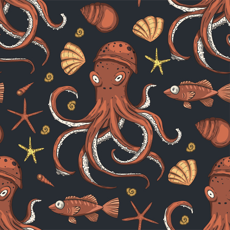 Sea seamless vector pattern. Ocean tropicar exotic illustration with tropical underwater octopus animals, fishes and shells. Marine life. Devilfish vintage background vector illustration.のイラスト素材