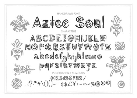 Tribal Aztec Alphabet. Vector ethnic letters with peru decorations. Decorative hand drawn geometric ABS letters for your design.のイラスト素材
