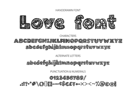 Decorative valentines display font with hearts. Alphabet vector calligraphy signs. Letter vector set. Detailed scandinavian love hand drawn typography typeset.のイラスト素材