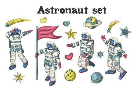 Astronaut in various poses. Other space vector set. Isolated spaceman icon collection. Clipart with cute cosmonaut characters, space explorer or pilot.のイラスト素材