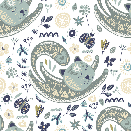 Seamless vector tribal pattern with cute dreaming cat and flowers in a flat style. Vintage summer colorful ethnic illustration. Decorative kitten poster.のイラスト素材