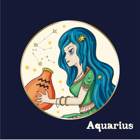 Zodiac Aquarius Girl Vector Sign. Cartoon astrology round badge illustration. Horoscope drawing.のイラスト素材