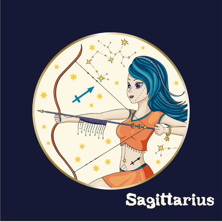 Zodiac Sagittarius Girl Vector Sign. Cartoon astrology round badge illustration. Horoscope drawing.のイラスト素材