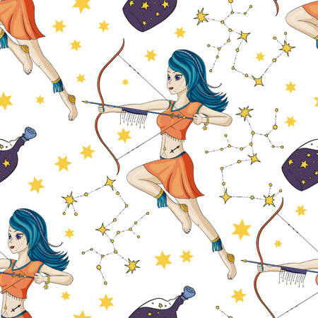 Seamless Pattern With Zodiac Sagittarius Girl Vector Sign. Cartoon astrology illustration. Horoscope drawing.のイラスト素材