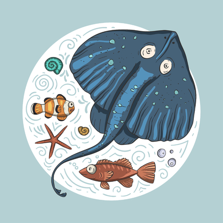 Ocean tropicar exotic illustration with tropical underwater stingray animal , fishes and shells. Marine life. Vintage vector round card.のイラスト素材